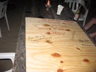 Kay and Gary's autograph anti-Emily plywood