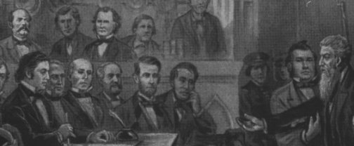 Drwaing of the trial showing Lewis Washington and John Brown